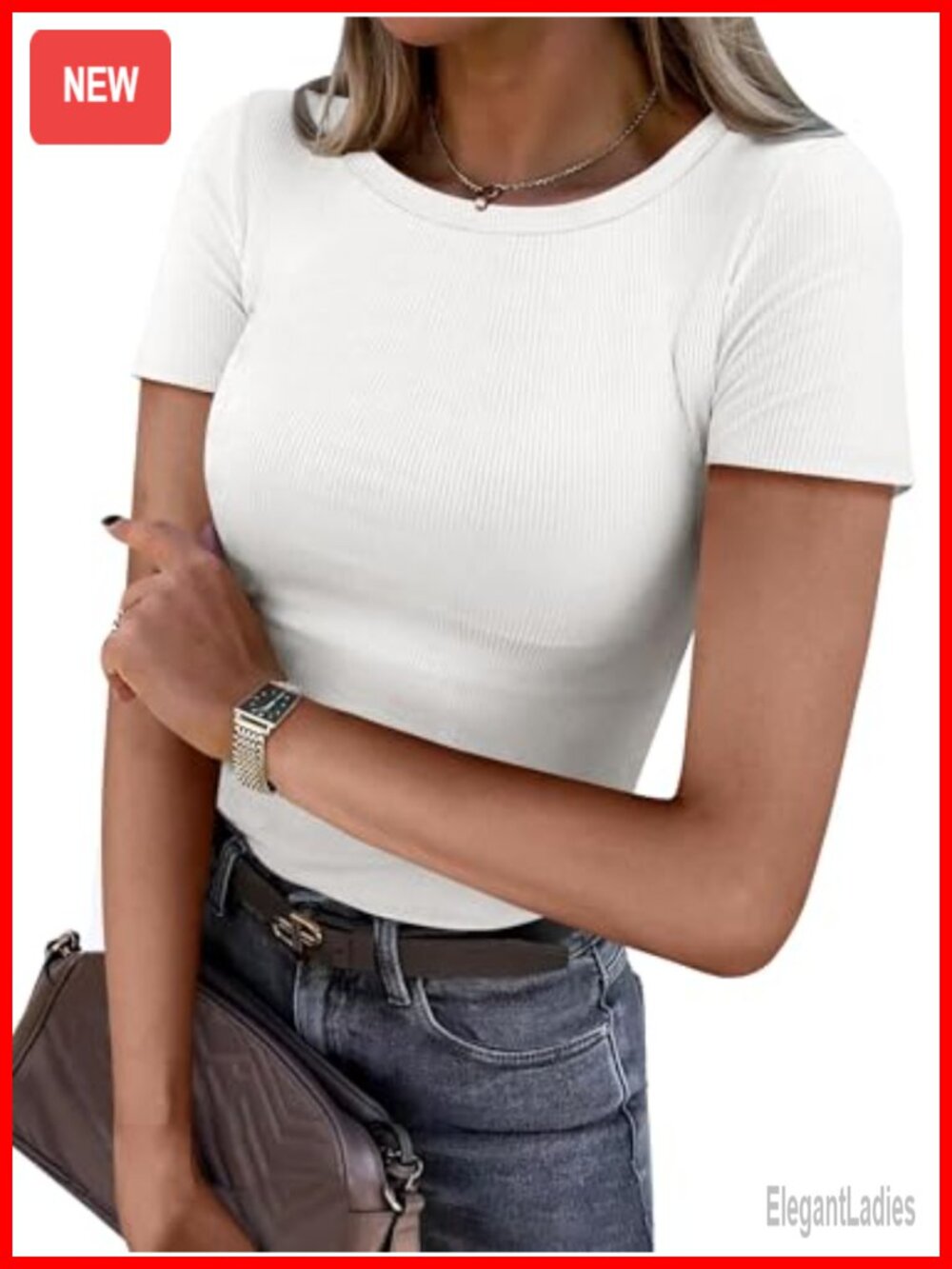 Women's Ribbed Short Sleeve Slim Fit Crewneck Tee Casual Basic Top